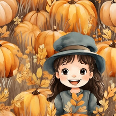 Girl with pumpkins in Thanksgiving festival seamless pattern style