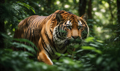 A majestic tiger prowling through the lush green jungle, its orange and black stripes camouflaging it against the dense foliage. Generative AI