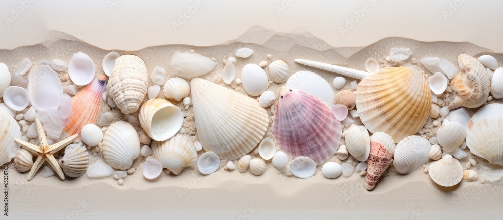 Poster texture and shells on a beach with white stones isolated pastel background copy space