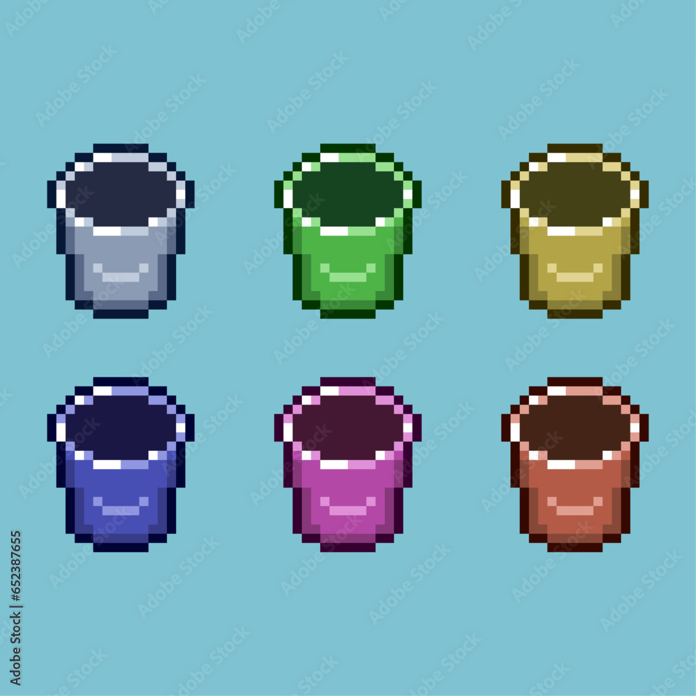 Poster pixel art sets of bucket water with variation color item asset simple bits of water bucketon pixelat