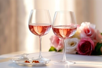 Naklejka premium Two glasses with sparkling rose wine on table background with roses, St. Valentines Day greeting card