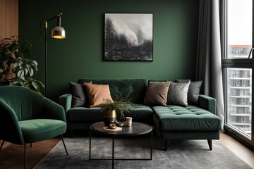 Dark green sofa and recliner chair in scandinavian apartment. Interior design of modern living room