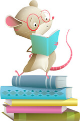 Cute baby mouse wearing glasses reading on a book stack. Pile of books and character design for children. Education, school and library illustration for kids. Vector animal cartoon in watercolor style