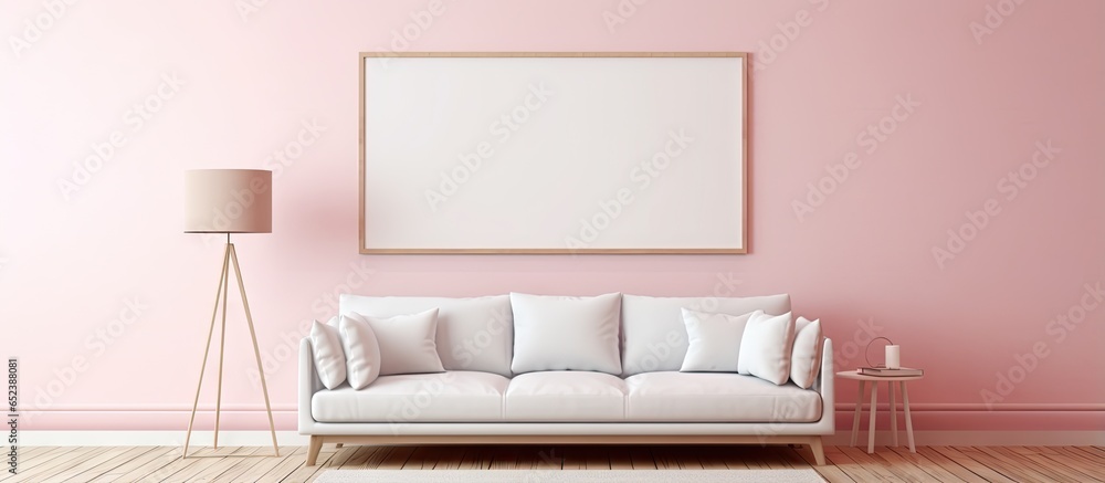 Poster 3D rendering of sofa lamp and table in an empty room with a picture frame interior isolated pastel background Copy space