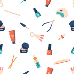 Seamless Pattern Adorned With Chic Manicure Elements Like Nail Polish Bottles, Nail Files, Acrylic, Color Palettes