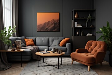 Dark grey sofa and recliner chair in scandinavian apartment. Interior design of modern living room