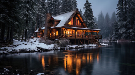 Luxury cabin in the middle of the forest in the evening in winter - obrazy, fototapety, plakaty