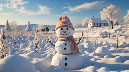 Obraz premium Happy smiling snow man on sunny winter day.