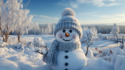 Obraz premium Happy smiling snow man on sunny winter day.