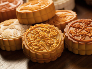 Obraz na płótnie Canvas Round mooncakes imprinted with abstract floral designs. Served and decorated on the table.