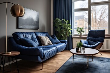 Fototapeta premium Dark blue sofa and recliner chair in scandinavian apartment. Interior design of modern living room