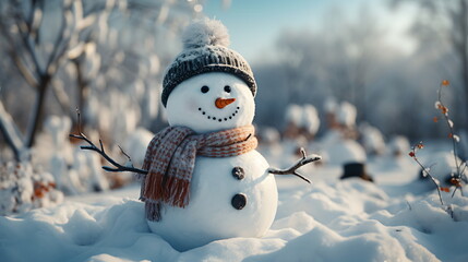 Happy smiling snow man on sunny winter day.