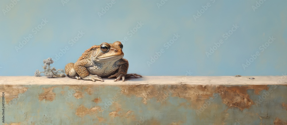 Poster toad resting on a bench isolated pastel background copy space