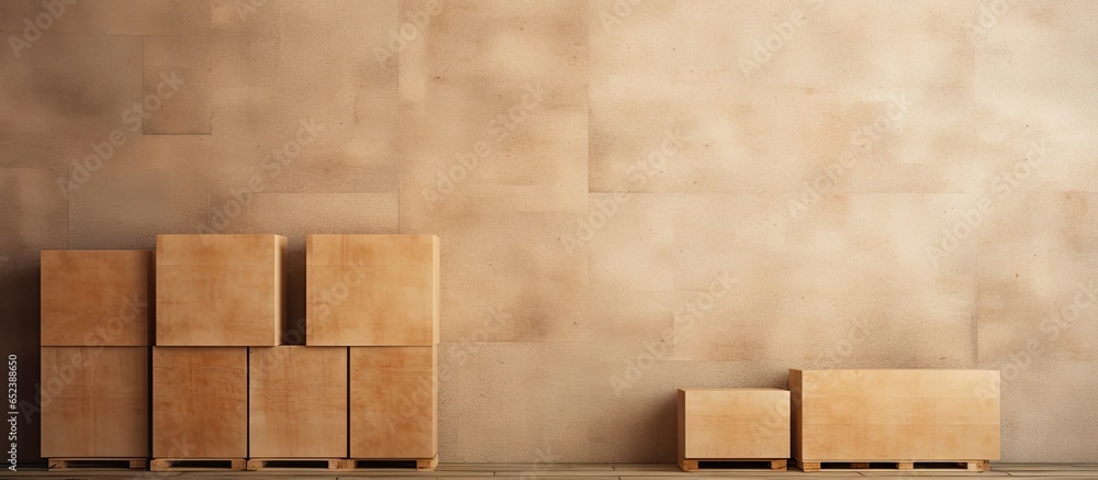 Poster cardboard containers stacked on timber pallets isolated pastel background copy space