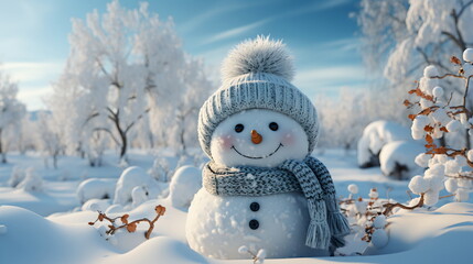 Obraz premium Happy smiling snow man on sunny winter day.