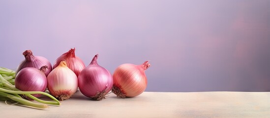 Boarding for small red onion required many pommels isolated pastel background Copy space - obrazy, fototapety, plakaty
