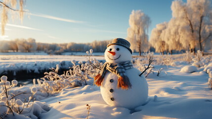 Fototapeta premium Happy smiling snow man on sunny winter day.