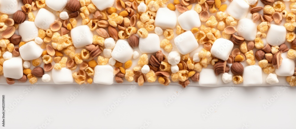 Poster close up image of chocolate bars covered in corn cereal peanuts and white icing isolated pastel back