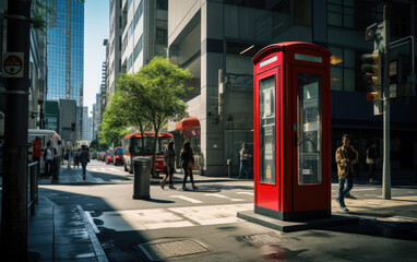 Red telephone box on the street in the city.