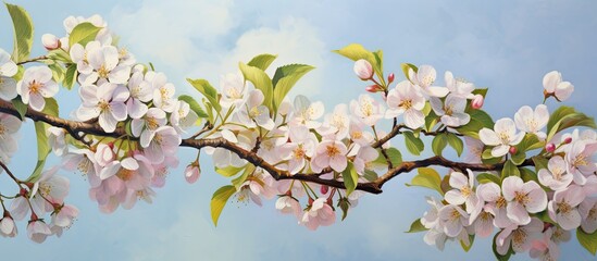 Obraz premium Closeup of blooming apple tree branch in garden isolated pastel background Copy space