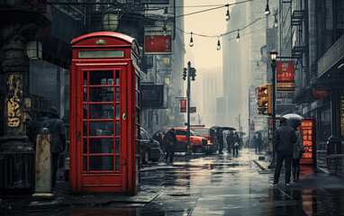 Red telephone box on the street in the city. - obrazy, fototapety, plakaty