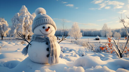 Obraz premium Happy smiling snow man on sunny winter day.