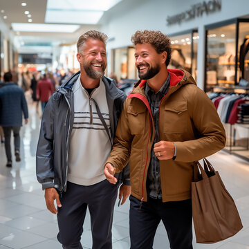 dos hombres en un centro comercial realizando compras 
