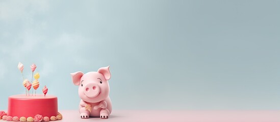 piggy bank decorated with cake and birthday note on paper isolated pastel background Copy space