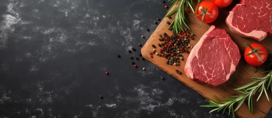 Fotobehang Farm organic meat recipes featuring raw meat steaks rosemary wood cutting board tomatoes on a dark marble background no people in the photo isolated pastel background Copy space © vxnaghiyev
