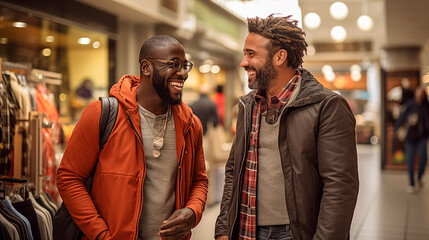 dos hombres negros entusiastas en una tienda de ropa 