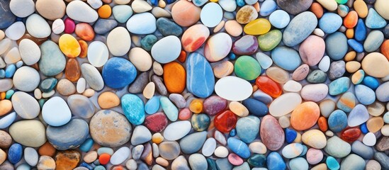 A closeup of colorful sea pebbles against a dry seaweed backdrop isolated pastel background Copy space