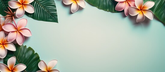 Plumeria flowers surrounded by fern leaves set against a isolated pastel background Copy space - obrazy, fototapety, plakaty