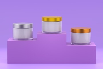 Cream jars with a gold, silver, bronze lid stand on the podium of the winners. 3D render