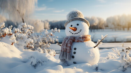 Fototapeta premium Happy smiling snow man on sunny winter day.