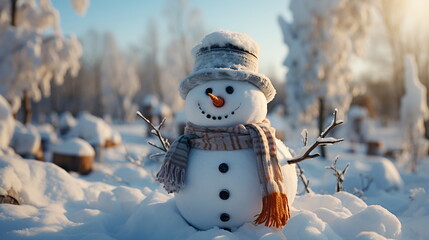 Obraz premium Happy smiling snow man on sunny winter day.