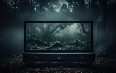 The smart television at the jungle with foggy weather.