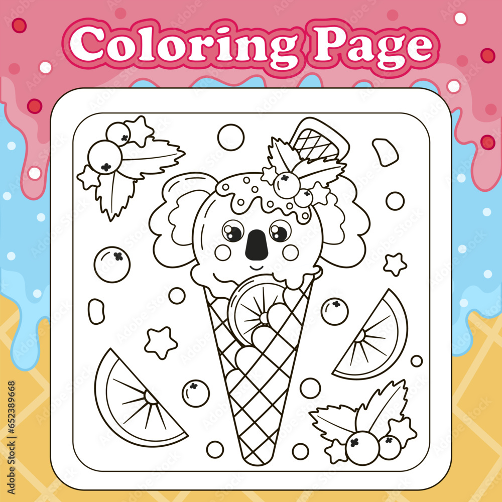 Wall mural Summer sweets themed coloring page for kids with kawaii animal character koala shaped ice cream with orange