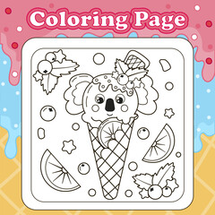 Summer sweets themed coloring page for kids with kawaii animal character koala shaped ice cream with orange