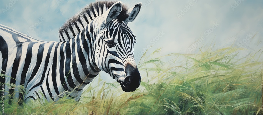 Poster zebra grazing at the zoo isolated pastel background copy space