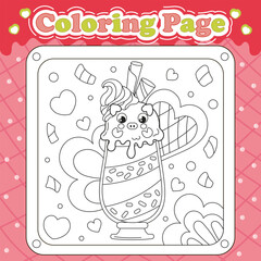 Summer sweets themed coloring page for kids with kawaii animal character pig shaped ice cream with cream