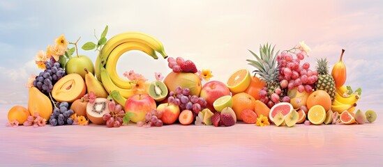 What is the fruit that represents the alphabet isolated pastel background Copy space