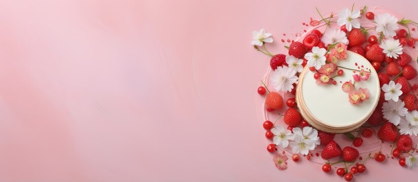 Cake with red coloring and flower decorations inside a white cover isolated pastel background Copy space