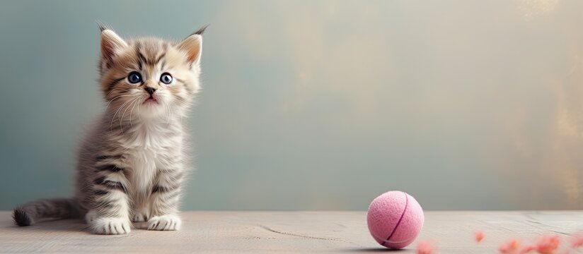 Cute kitten playing with woolball in studio isolated pastel background Copy space