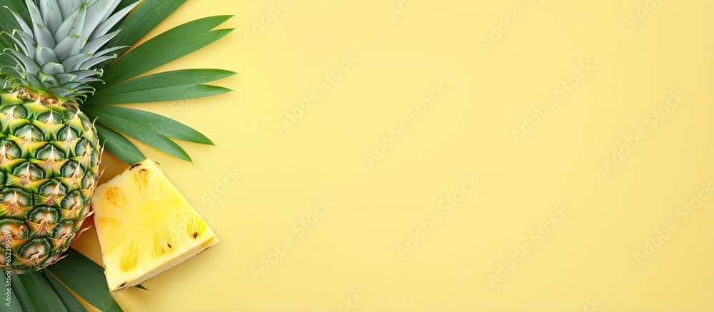 Leinwandbilder top view of sliced pineapple with leaf on a isolated pastel background copy space ready for your tex