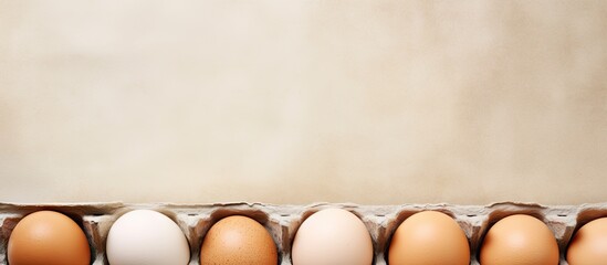 Organic eggs in a cardboard carton on a table isolated pastel background Copy space - Powered by Adobe