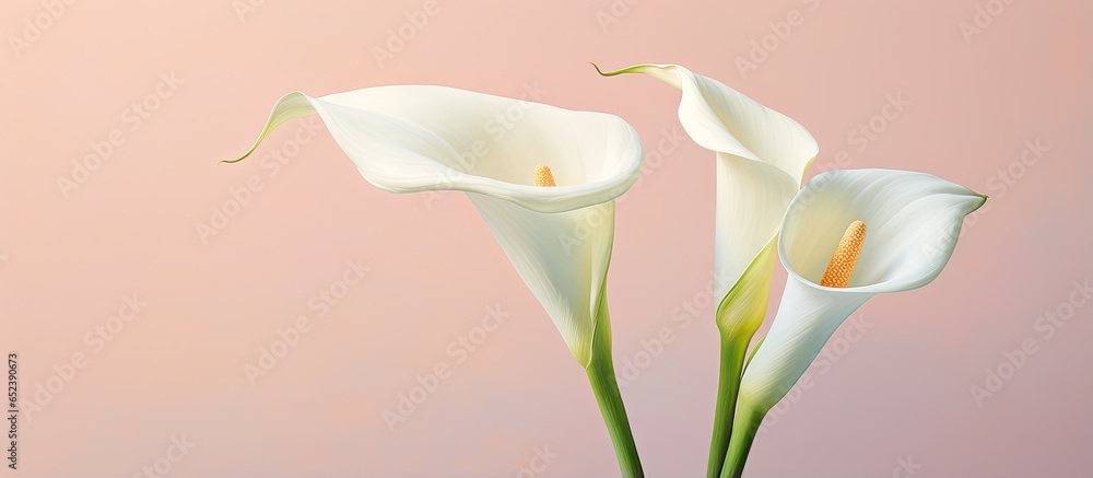 Aufkleber twin calla lily with blurred focus on the floor isolated pastel background copy space