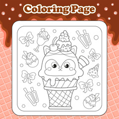 Summer sweets themed coloring page for kids with kawaii animal character dog or fox shaped ice cream