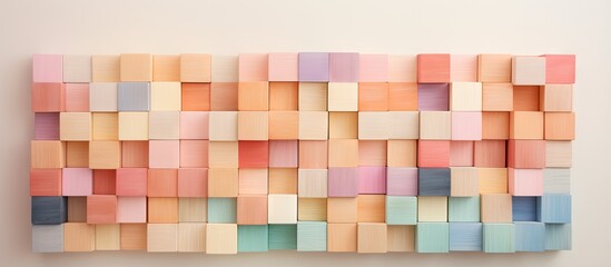 Neatly arranged ABC wooden blocks on isolated pastel background Copy space - obrazy, fototapety, plakaty