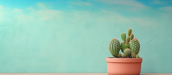 Opuntia cactus in pot stunningly displayed against isolated pastel background Copy space - obrazy, fototapety, plakaty