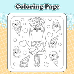 Summer sweets themed coloring page for kids with kawaii animal character penguin shaped ice cream